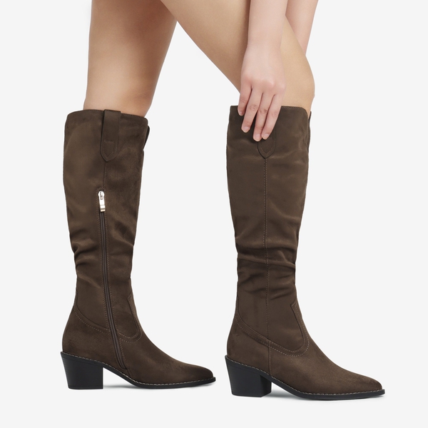 Slouchy Knee High Cowboy Boots - BROWN SUEDE - 1